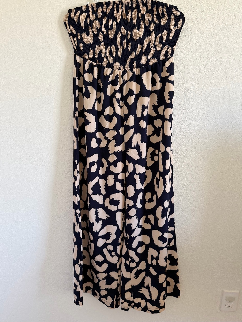 Smocked Strapless Jumpsuit in Black & Beige Animal Print